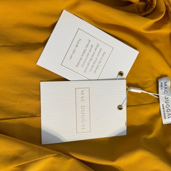 Mac Duggal Satin Wrap Mini Dress • Gold Mustard Long Sleeve Fit & Flare • Size 6 - Picture 14 of 16